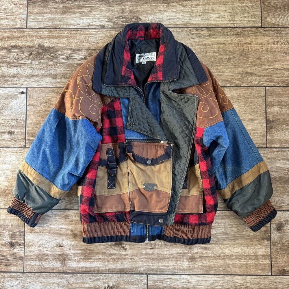 Patchwork Jacket XS Plaid Denim Pockets Cowboy Western Vintage - Picture 2 of 15